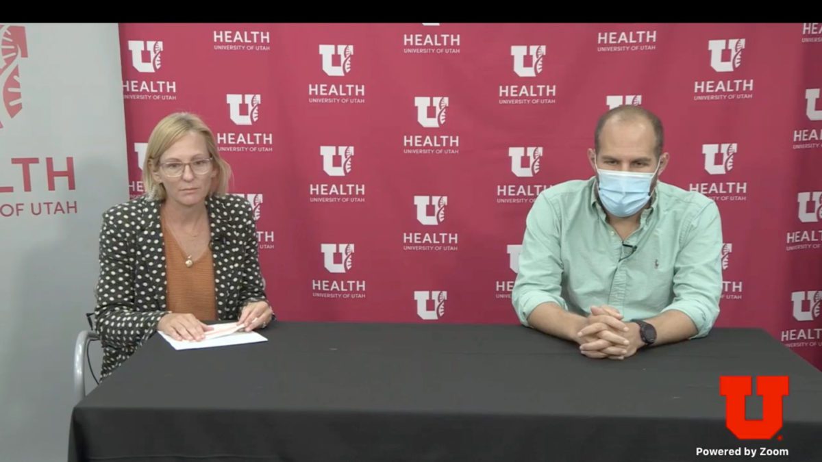 Dr. Emily Spivak (left) and Dr. Stephen Goldstein, doctors at the University of Utah, give an update on COVID-19.