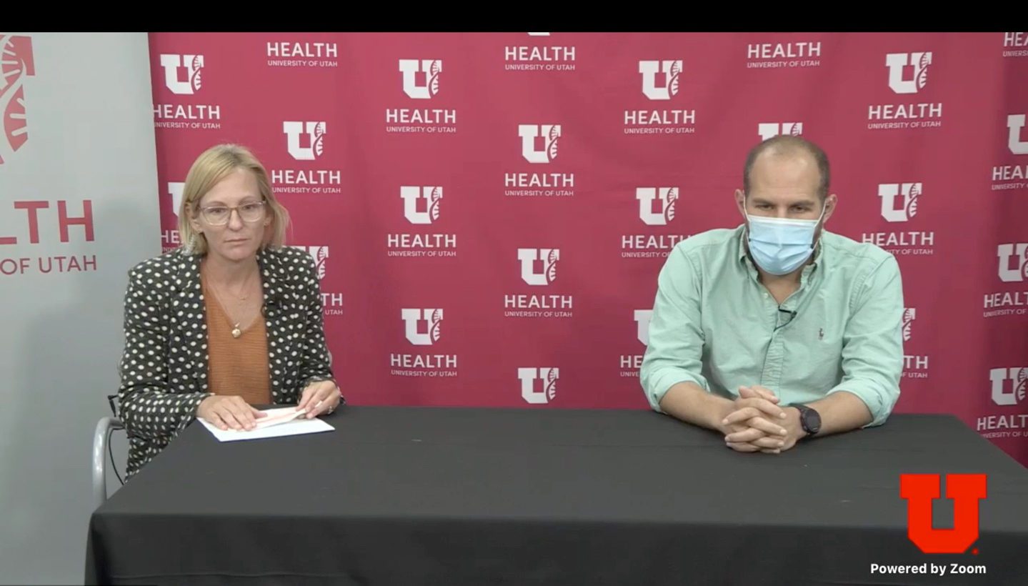 Dr. Emily Spivak (left) and Dr. Stephen Goldstein, doctors at the University of Utah, give an update on COVID-19.