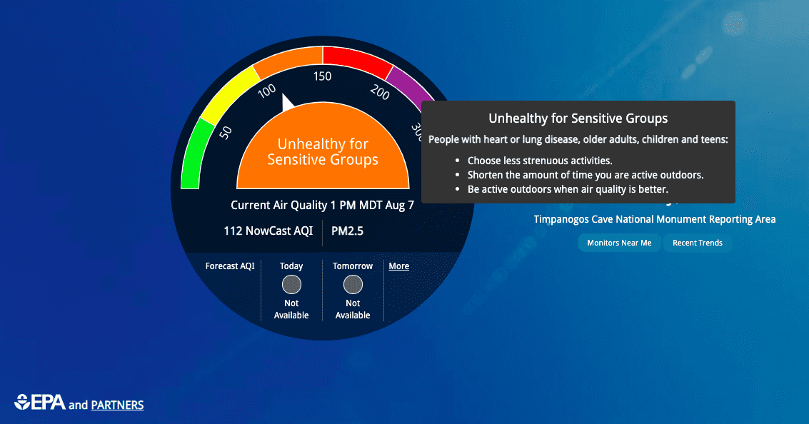 Park City has a current AQI (Air Quality Index) of 112. Making it unhealthy to be outside for sensitive groups such as people with heart or lung disease, older adults, children, and teens.