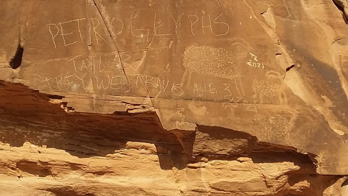 A petroglyph in Mill Creek Canyon that was vandalized earlier in August.