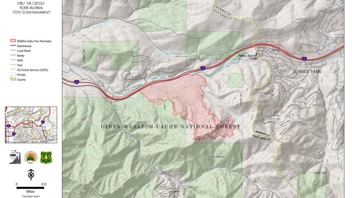 The Parley's Canyon Fire is burning in mountain brush and heavy timber and is currently 539 acres with 10% containment.