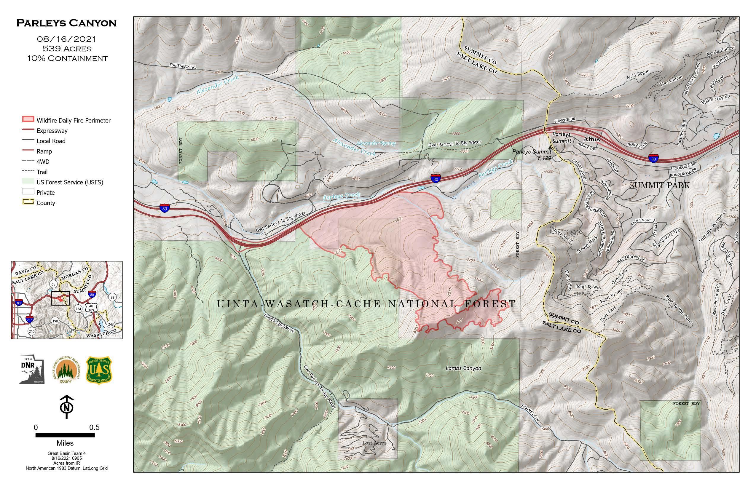 The Parley's Canyon Fire is burning in mountain brush and heavy timber and is currently 539 acres with 10% containment.