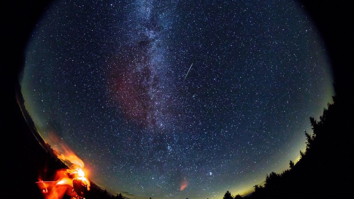 A meteor streaks across the sky during the Perseid meteor shower in August 2016, Spruce Knob, West Virginia.