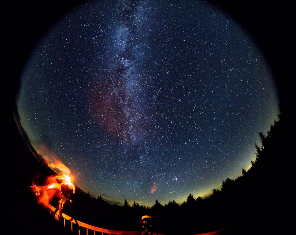 A meteor streaks across the sky during the Perseid meteor shower in August 2016, Spruce Knob, West Virginia.