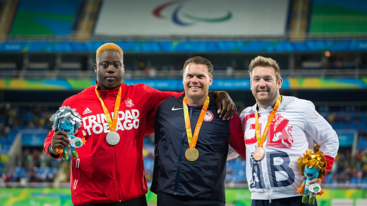 Utah's David Blair (center) winning gold five years ago on the discus in the Rio 2016 Paralympic Games. His result was not able to be repeated in the Tokyo 2020 Games.