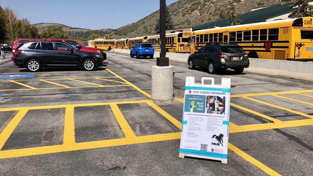 A sandwich board for the Park City Education Foundation's Beat The Call fundraising campaign for the Park City School District.
