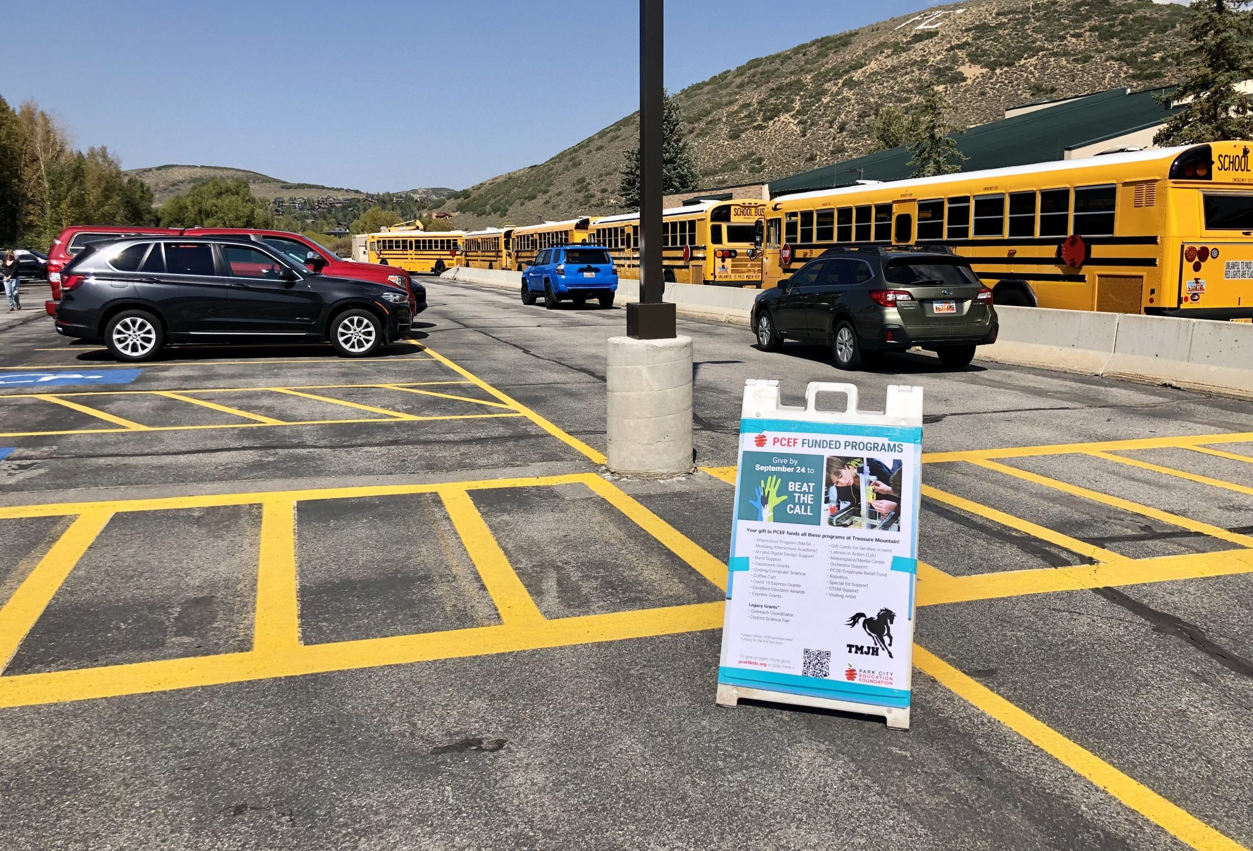 A sandwich board for the Park City Education Foundation's Beat The Call fundraising campaign for the Park City School District.