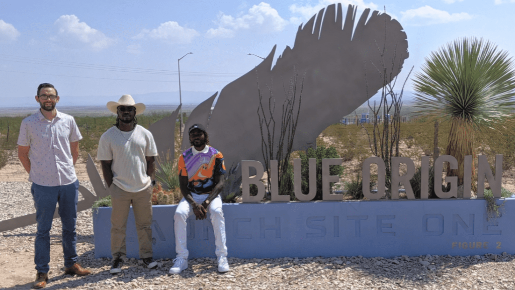 Josh Hanes, on the left at the Blue Origin launch site, is the CEO of Uplift Aerospace.