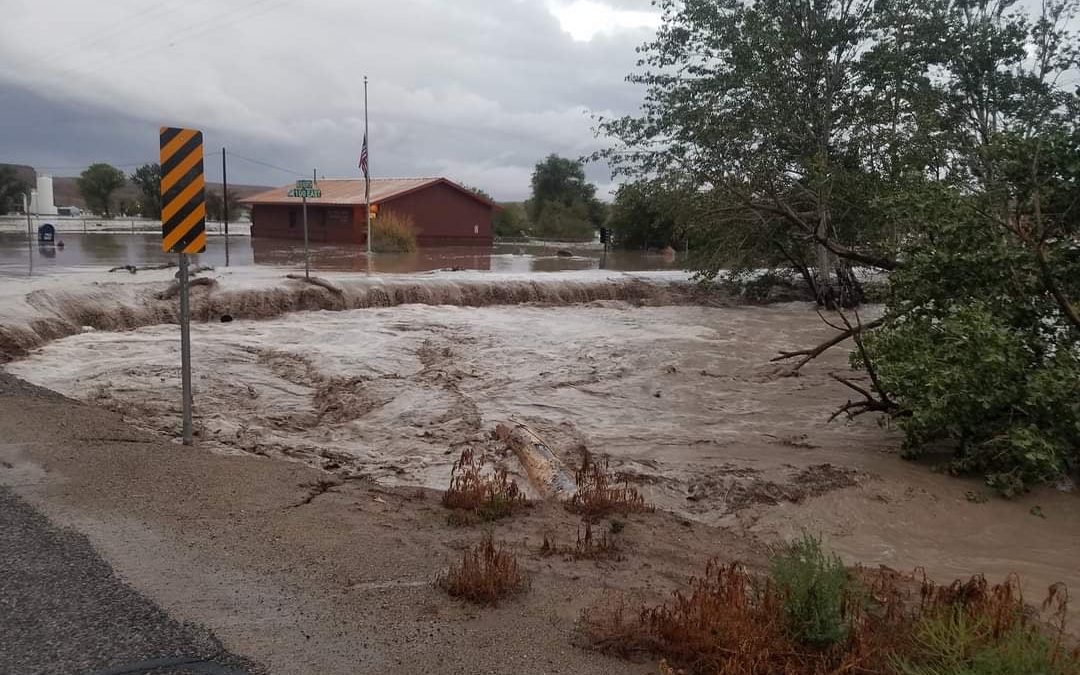 Flooding in Hanksville, Utah at the confluence of the Fremont River and Muddy Creek (which forms the Dirty Devil River).