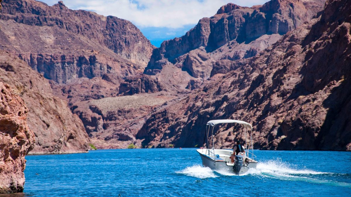 Lake Mead impounds Colorado River water through the Hoover Dam.
