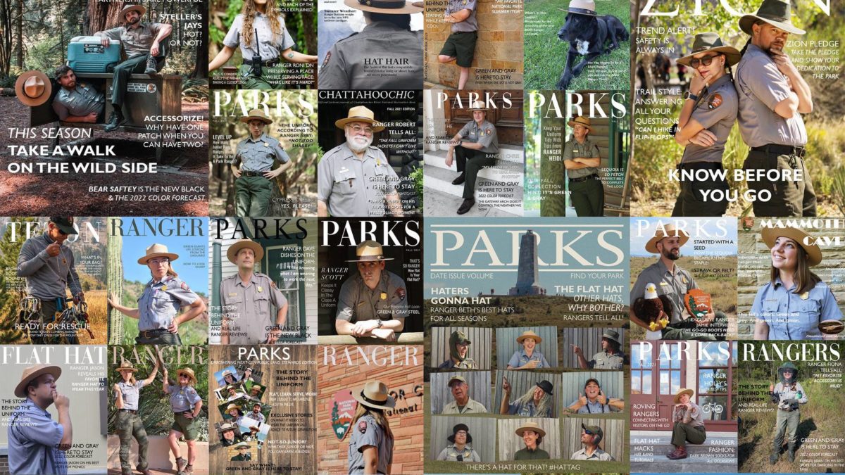 Collage of fashion magazine inspired fashion covers featuring uniformed rangers and park staff.