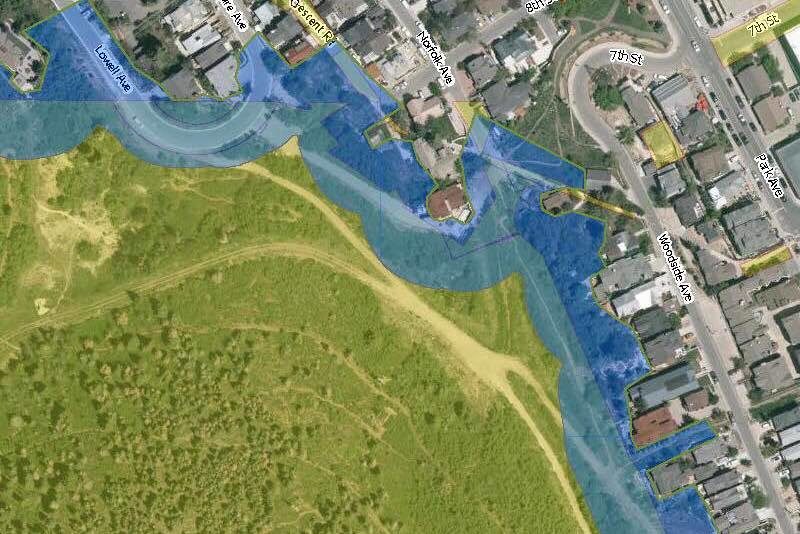 Areas shaded yellow are City-owned property. Blue shading indicates the approximate 100’ buffer off of structures adjacent to City-owned property. Areas where the blue and yellow shading overlaps represents the approximate work area.