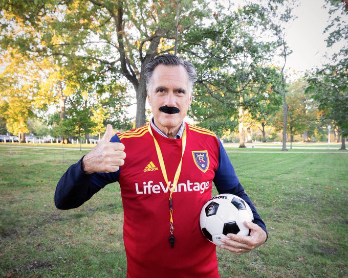 Utah Senator Mitt Romney dressed as Apple TV character Ted Lasso for Halloween.