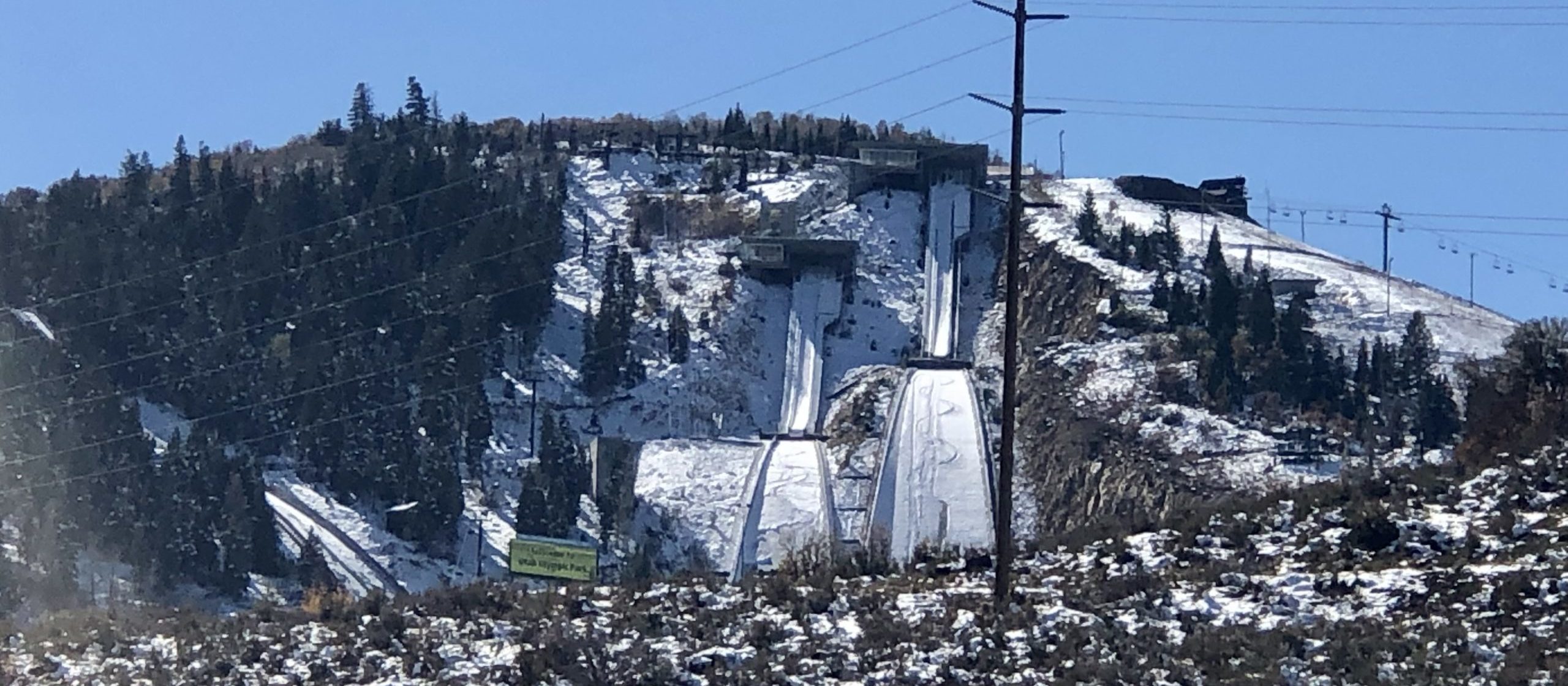 Carved giant slalom tracks on the big hill of the nordic venue.