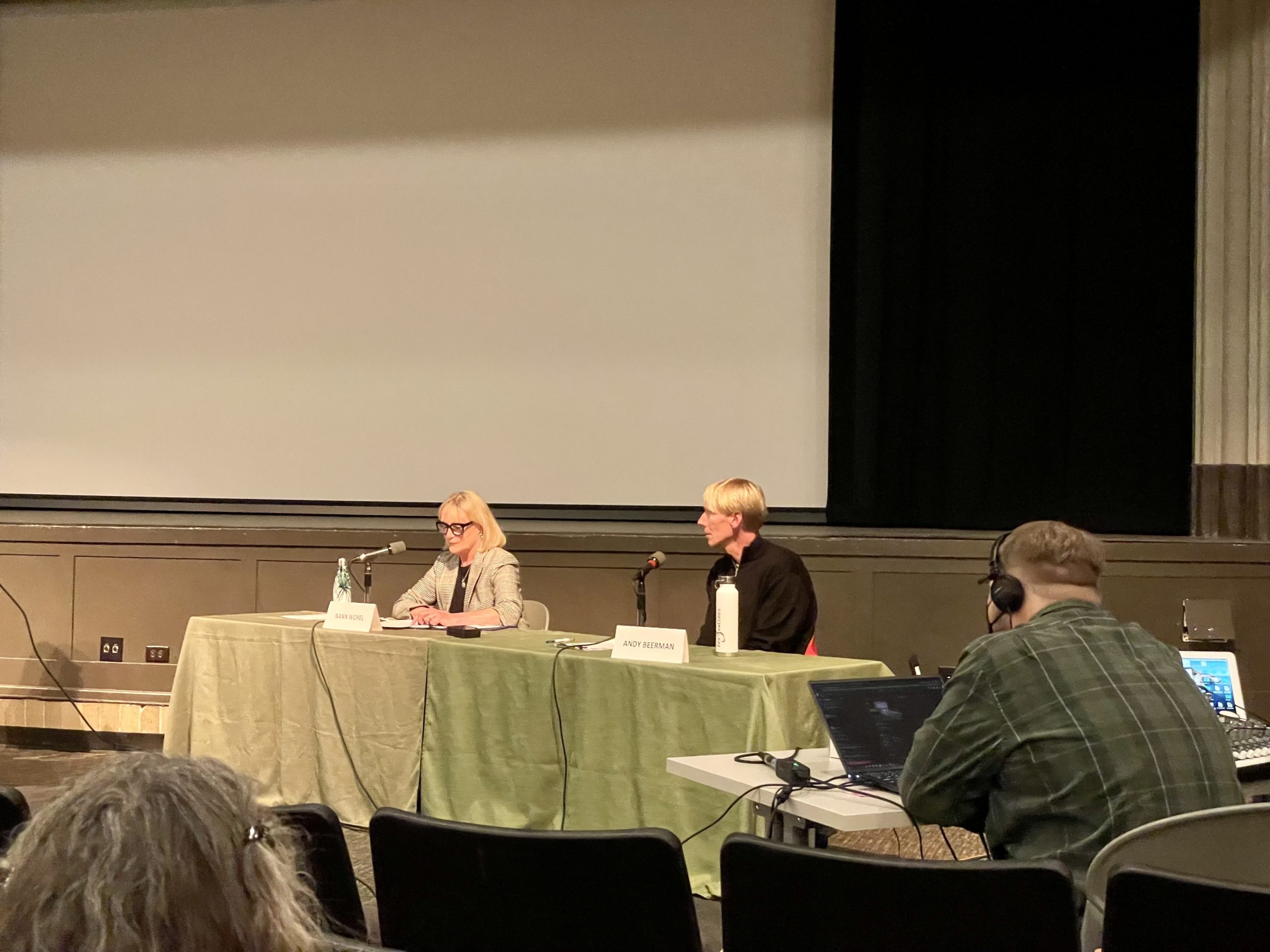 City council member Nann Worel (left) and incumbent Mayor Andy Beerman (right) square off in a debate sponsored by the Park City Chamber of Commerce.