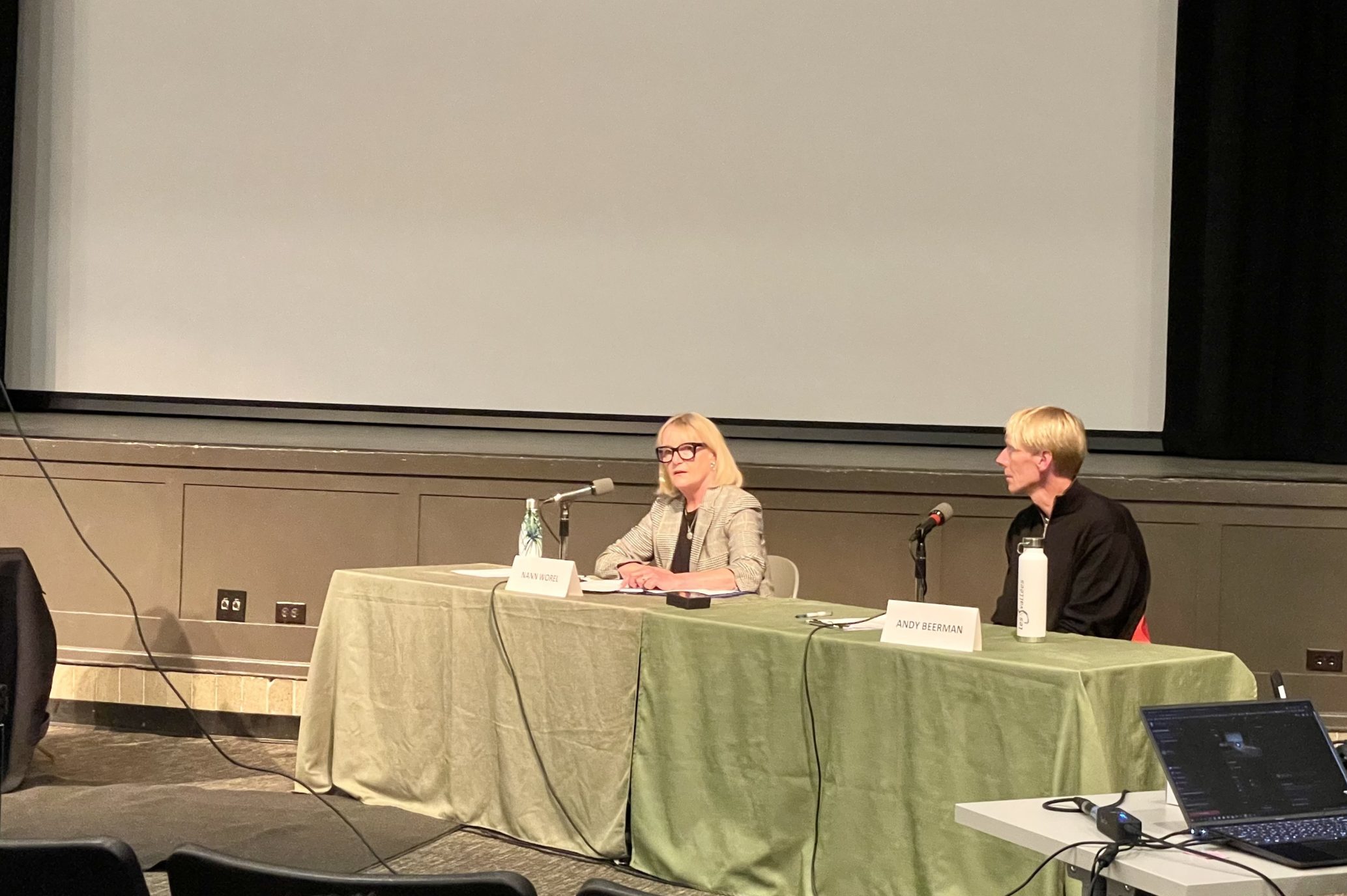 Nann Worel and Andy Beerman at a mayoral debate earlier in October.