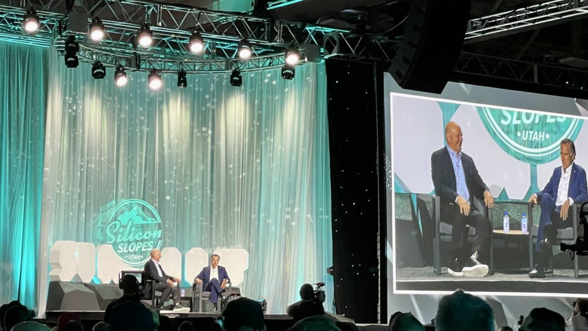 Former Microsoft CEO Steve Ballmer and Senator Mitt Romney at the Silicon Slopes Summit at the Salt Palace Convention Center.