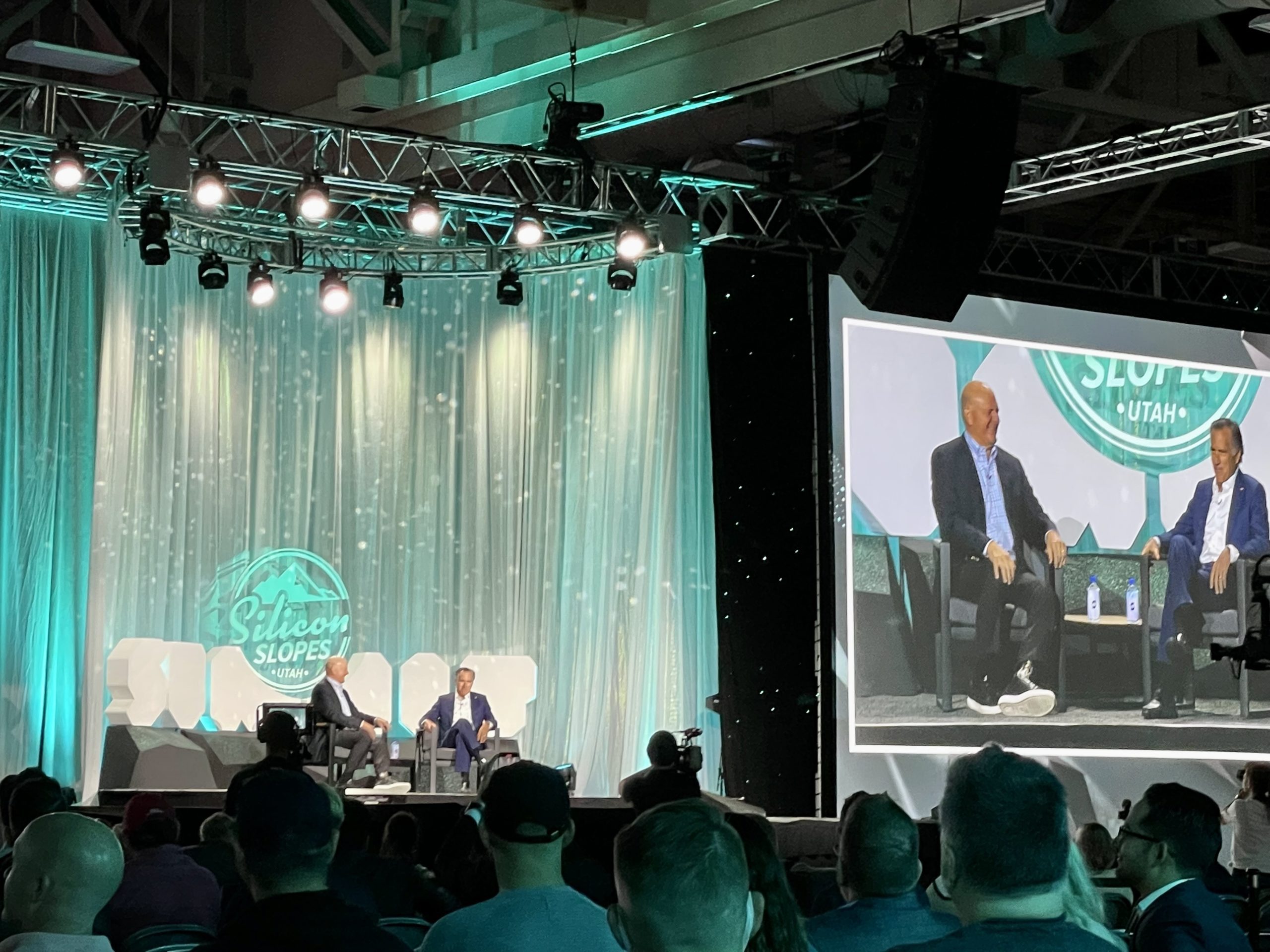 Former Microsoft CEO Steve Ballmer and Senator Mitt Romney at the Silicon Slopes Summit at the Salt Palace Convention Center.