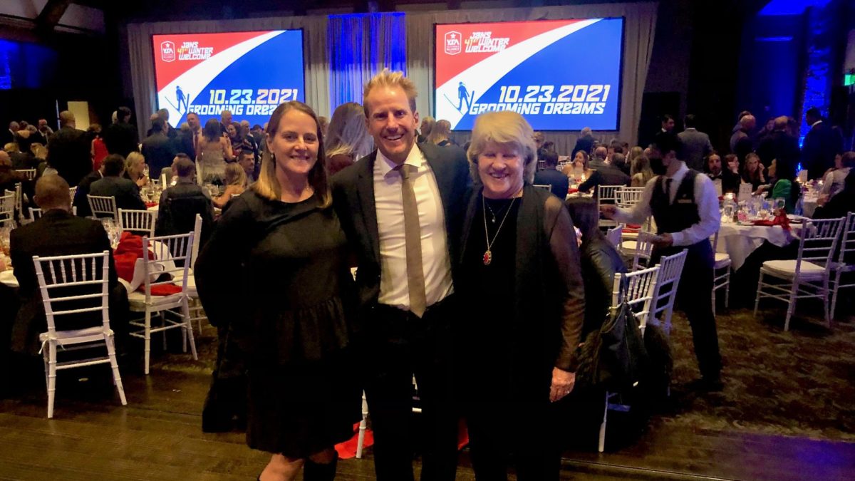 L to R, Jan Peterson's daughter Andrea Terwillegar, Olympic gold medalist Ted Ligety, and Jan Peterson's wife Amanda at the Youth Sports Alliance's Jan's Winter Welcome at Deer Valley.