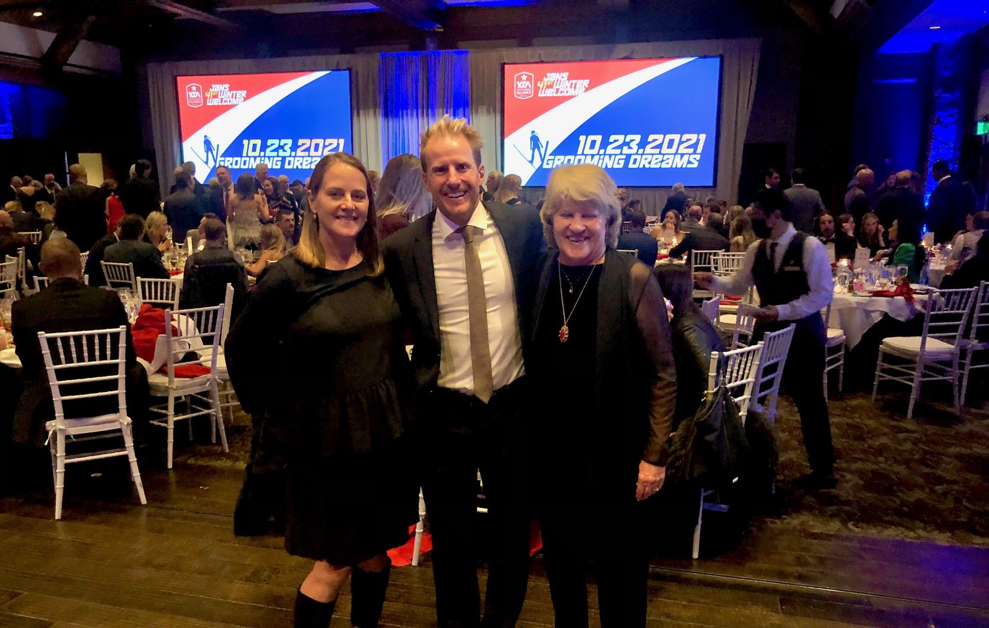 L to R, Jan Peterson's daughter Andrea Terwillegar, Olympic gold medalist Ted Ligety, and Jan Peterson's wife Amanda at the Youth Sports Alliance's Jan's Winter Welcome at Deer Valley.