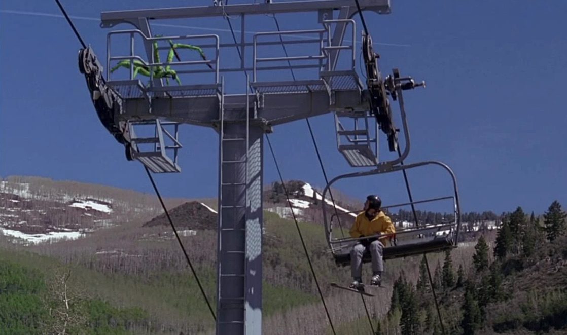 A scene from Ice Spiders (2007), where an Olympic team is attacked by giant spiders.