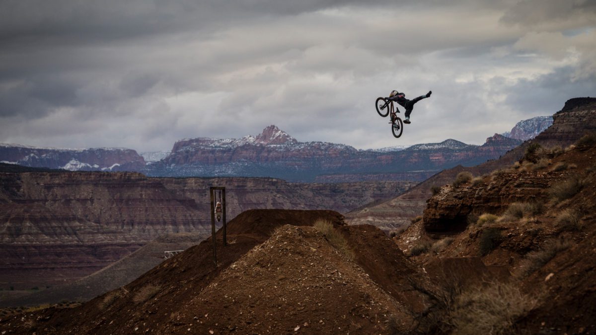 Szymon Godziek riding the course during the Red Bull Rampage in Virgin, Utah, USA on 12 October, 2021.