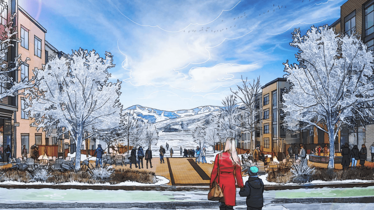 A visualization of the proposed Dakota Pacific development in 2021, looking south.