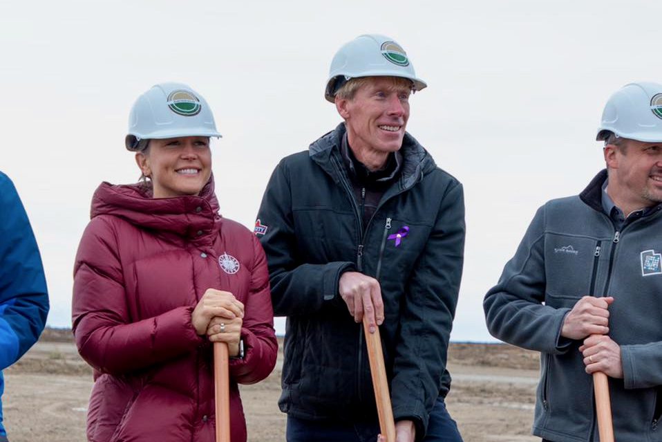 Salt Lake City Mayor Erin Mendenhall (left) and Park City Mayor Andy Beerman at the groundbreaking event on Tuesday in Tooele County.