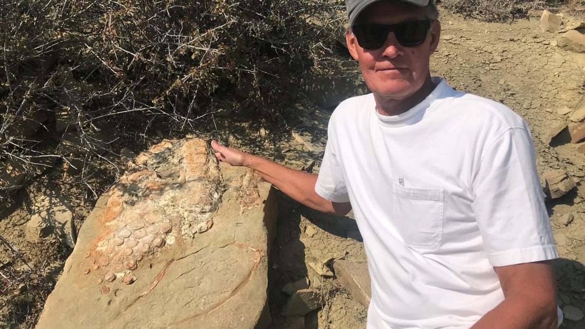 Alan Dailey with the block of sandstone with ichthyosaur fin, vertebrae, and ribs that he found in May, right before the team collected it on September 8.