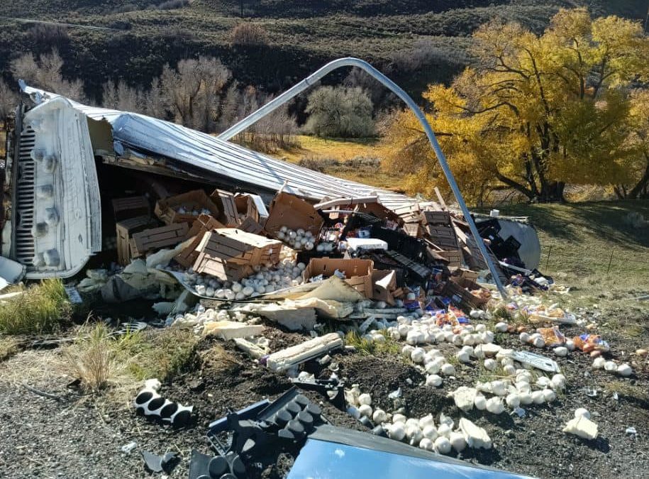 A semi truck carrying onions rolled over on I-80 near Echo Junction on Thursday.
