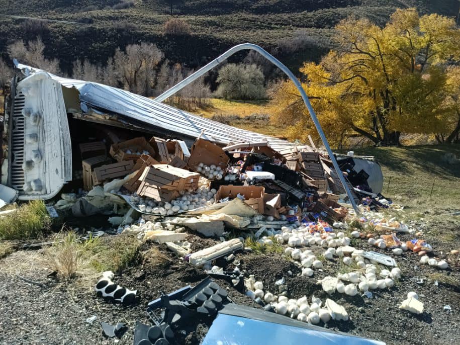 A semi truck carrying onions rolled over on I-80 near Echo Junction on Thursday.