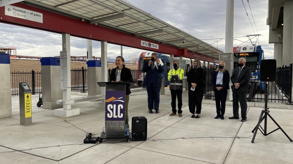 Salt Lake City Mayor Erin Mendenhall at the opening of the new Airport TRAX Station on Monday.