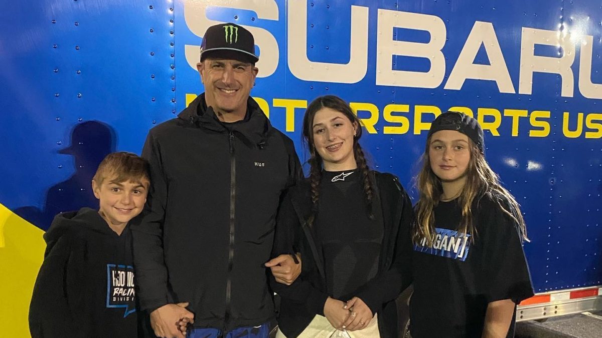 Ken Block with his daughter, Lia, to the right, her younger sister on the far right, and their younger brother on the far left this week's rally race.