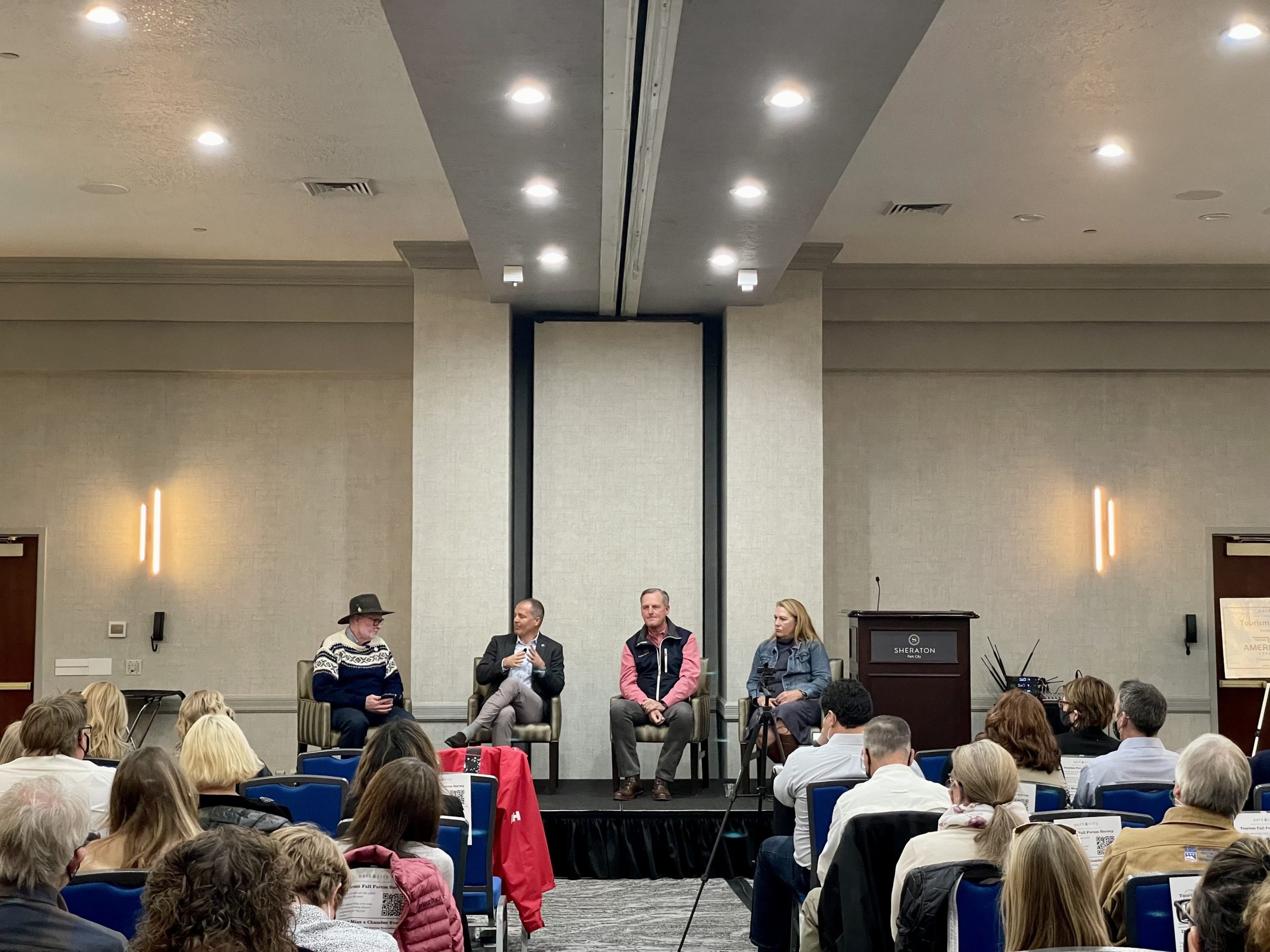 (left to right) Moderator Tom Kelly, Ski Utah President & CEO Nathan Rafferty, Park City Mountain COO Mike Goar, Deer Valley VP of Marketing Coleen Reardon at the chamber forum on Wednesday.