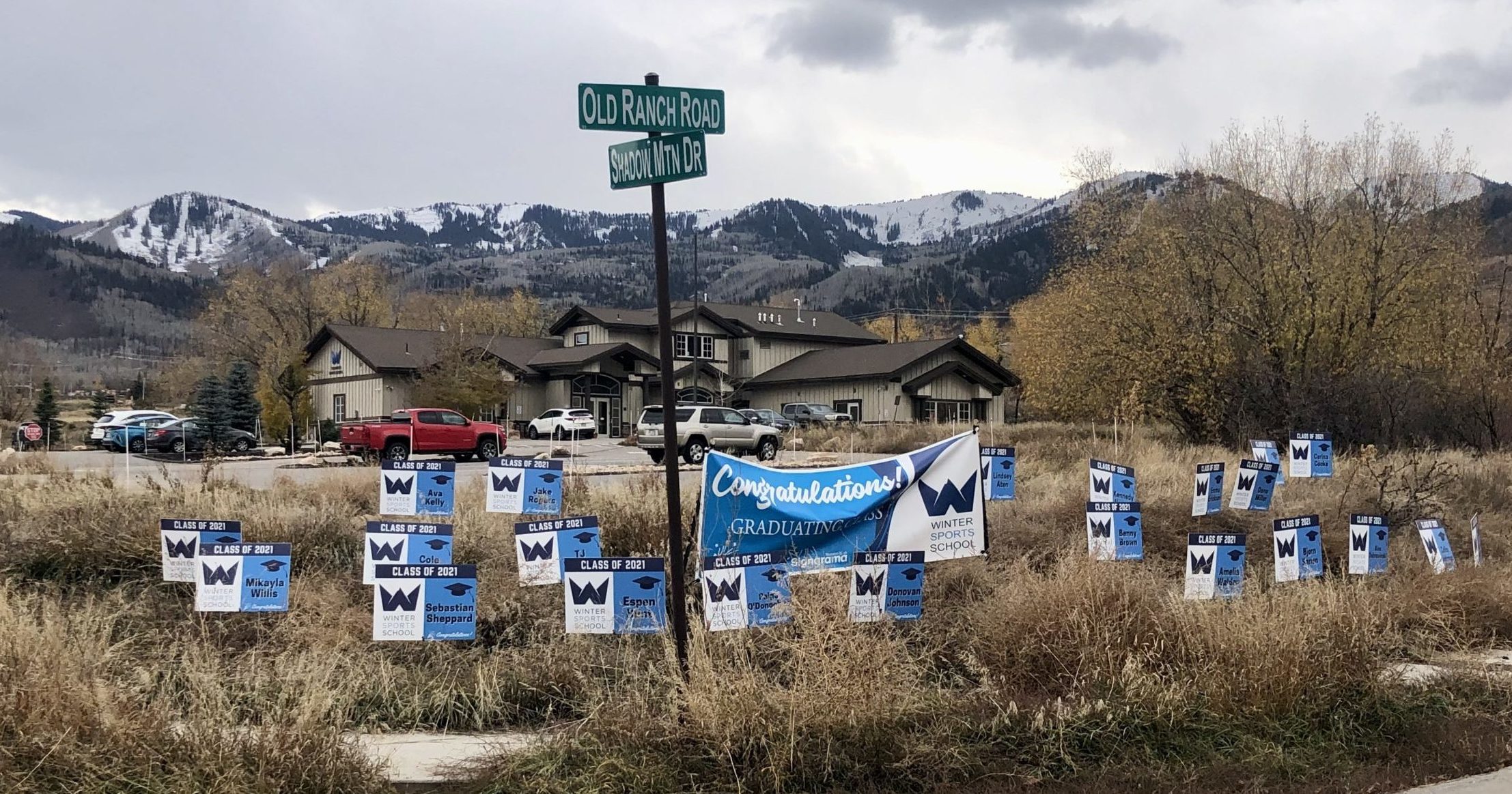 The Winter Sports School's congratulatory yard signs in its yard for last nights graduation.