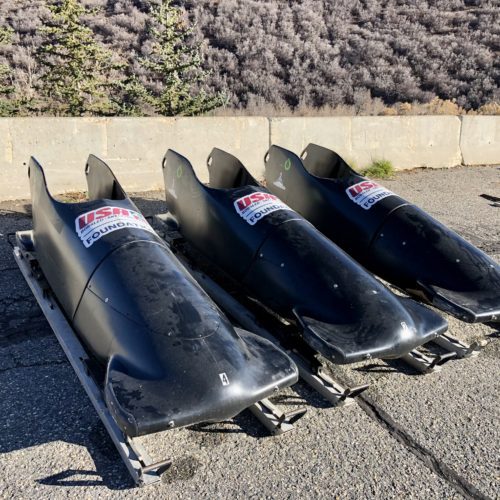 USA Bobsled Skeleton (USABS) monobobs at the UtahOlympic Park with the USABS Foundation logo.