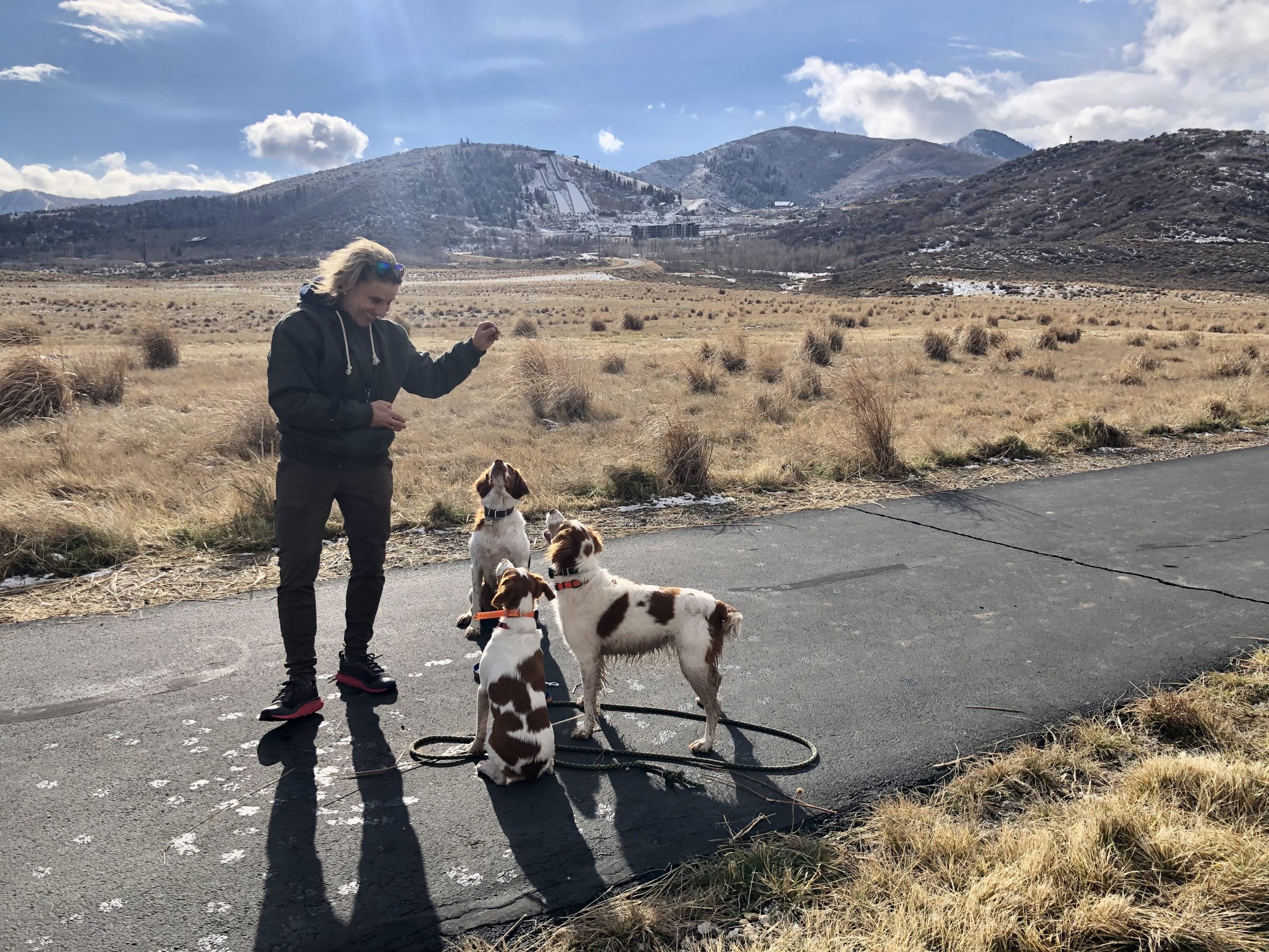 Tracy Evans, three-time Olympian walking her hunting dogs in the shadow of the Utah Olympic Park where she trained in aerials.