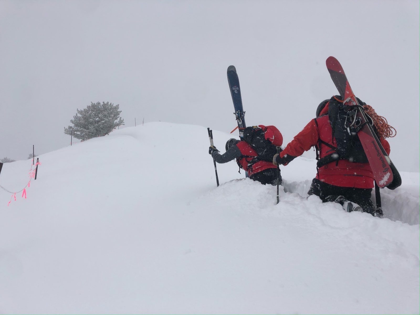 Ski patrollers boot-packing to the top of 9990 for avalanche mitigation work.