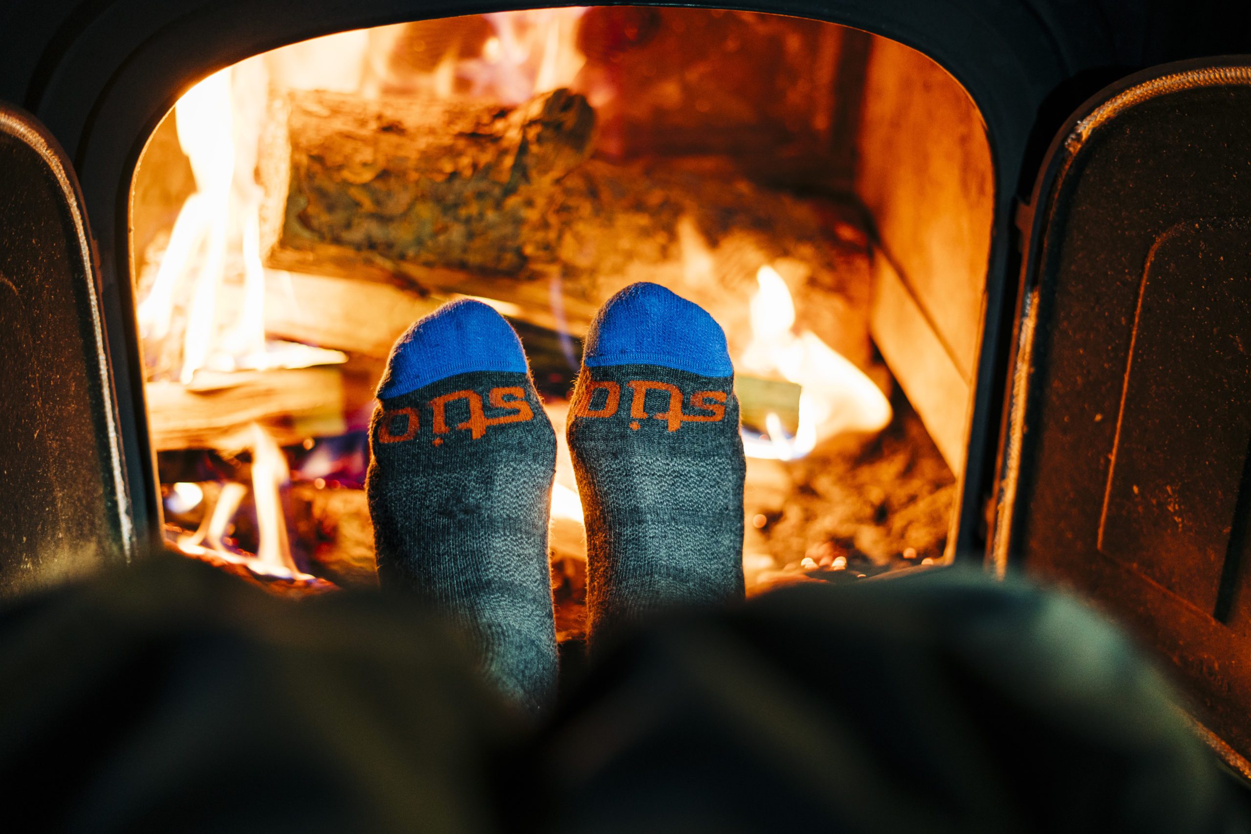 All-Mountain Stio Ski Socks getting toasty at the Jackal Hut, a 10th Mountain Division Hut in Red Cliff, Colorado.