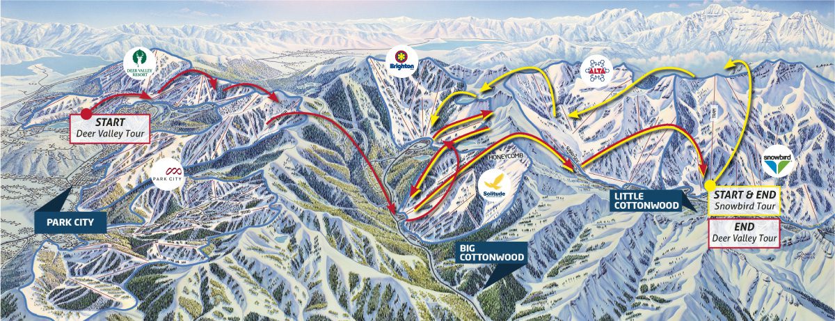 Route options for Utah's Interconnect multi-mountain backcountry ski tour.