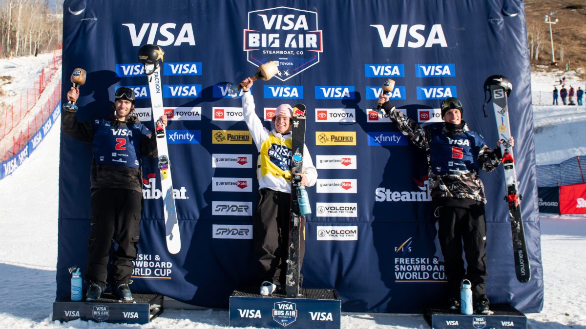The Visa Big Air presented by Toyota podium: U.S. Freeski athlete Alex Hall (second), Austria’s Matej Svancer (first), and France’s Antoine Adelisse (third).