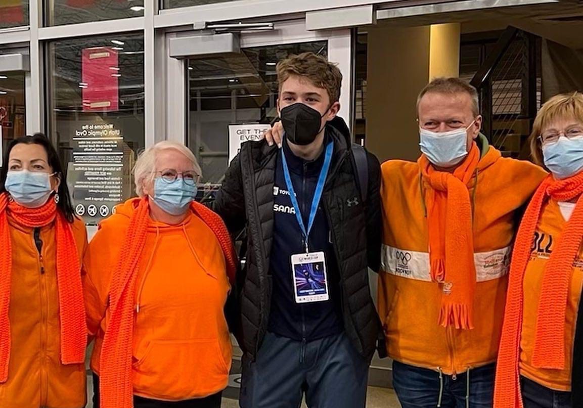 Casey Dawson, new world record holding Park City speed Skater surrounded by the Dutch Fan Club at Sunday's world cup in Utah.