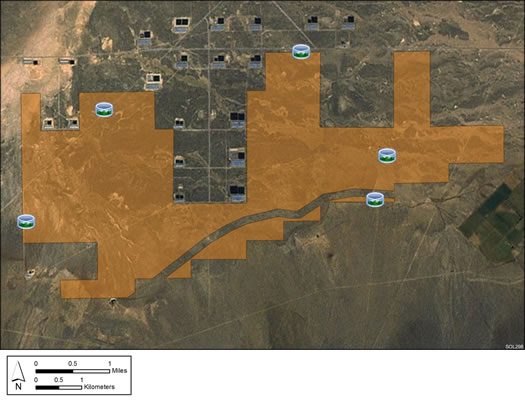 The Milford Flats South SEZ has a total area of 6,480 acres (26 km2).