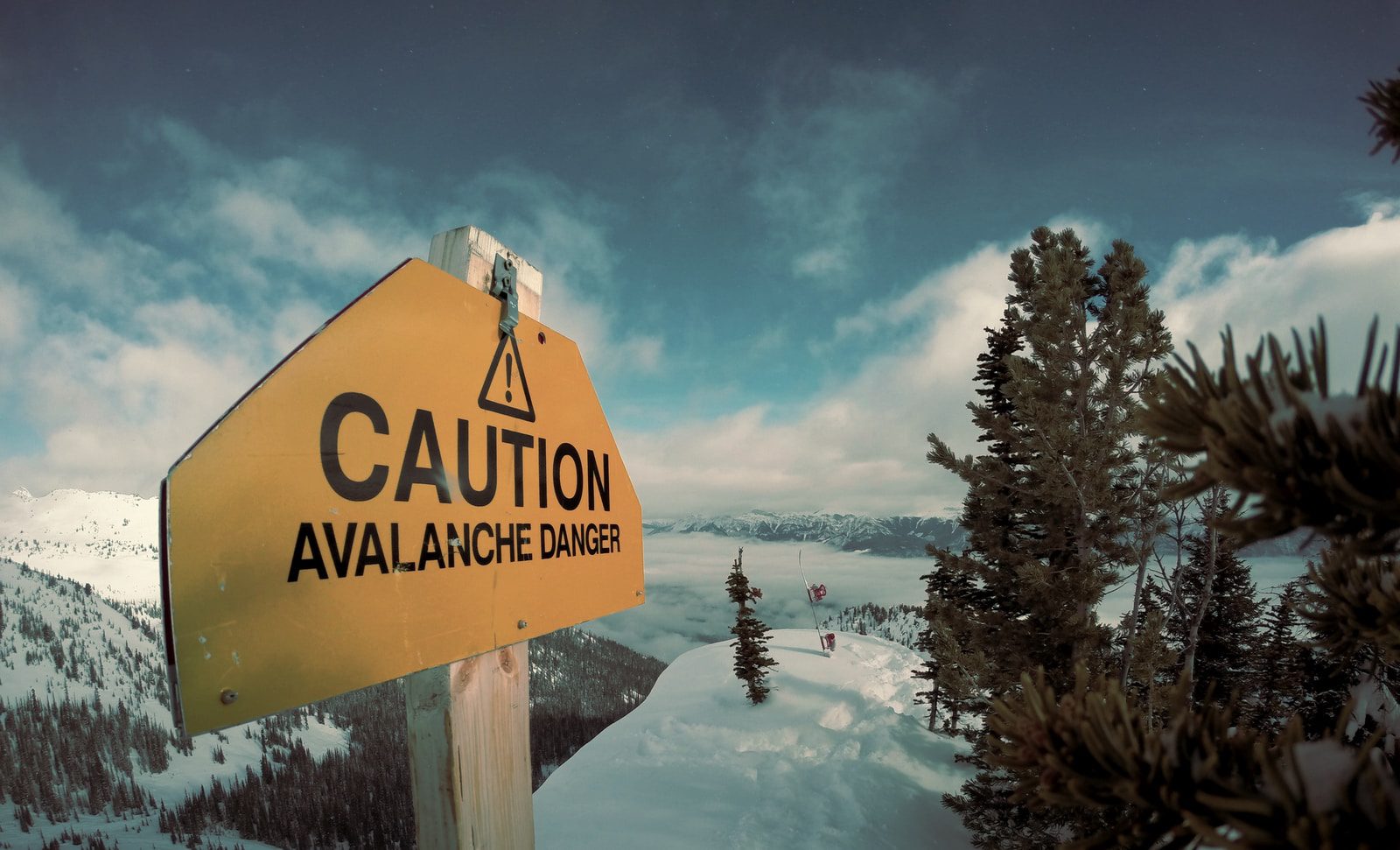 Caution avalanche danger signage during winter.