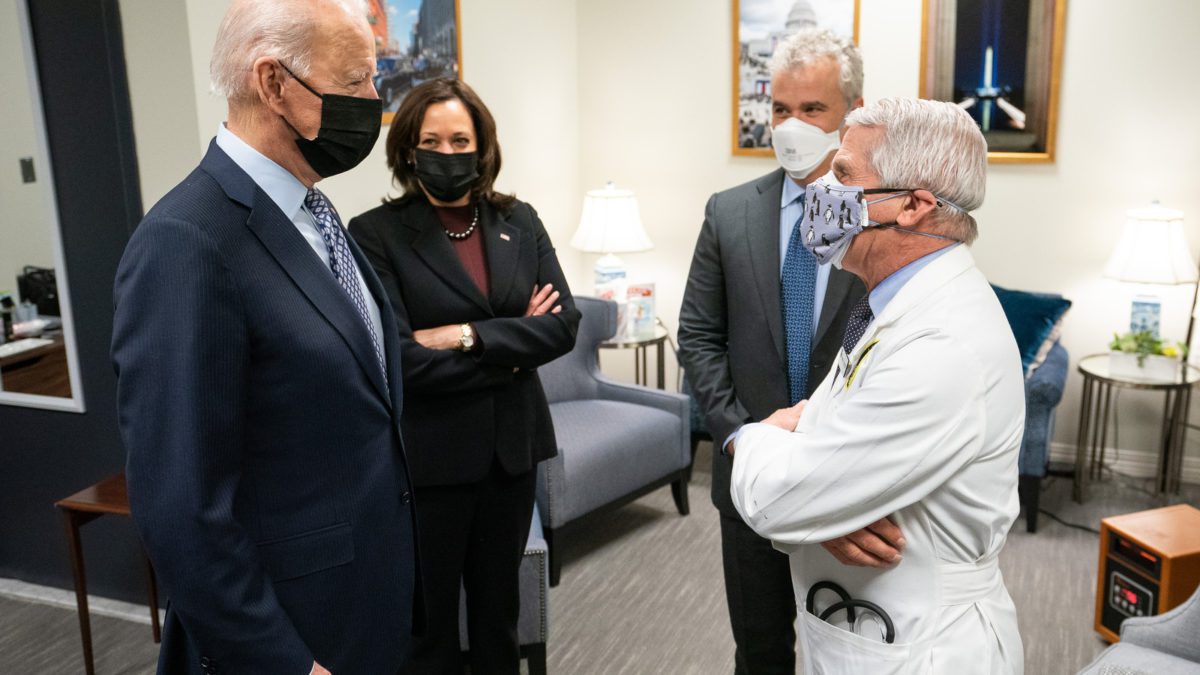 Dr. Anthony Fauci (right) with President Joe Biden and Vice President Kamala Harris (left) earlier this year.