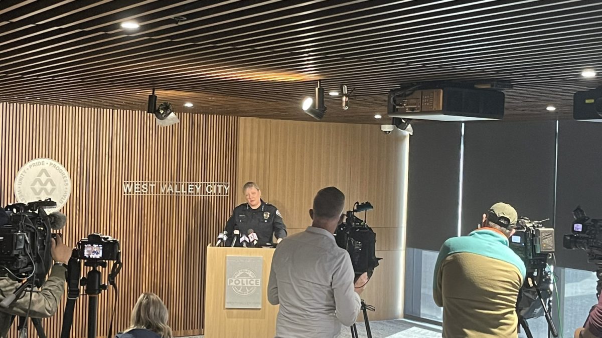 West Valley City Police Chief Coleen Jacobs spoke at a press conference. A Utah man wanted by police was killed and two officers were wounded in a shootout in the parking lot of the convenience store in suburban Salt Lake City.