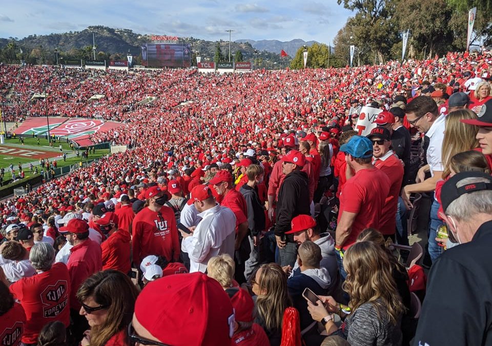 University of Utah fans out in force and showing their colors with a red wave at the 2022 Rose Bowl.