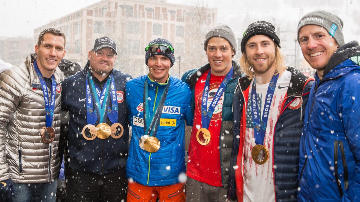 Photo taken in 2014 of Park City Nation's former Olympians who represented Team USA; (L to R) Bobsledder Chris Fogt, Bobsledder Steve Holcomb, Nordic Combined athlete Billy Demong, Skier Joss Christiansen, Snowboarder Sage Kotsenburg, and skier Ted Ligety.