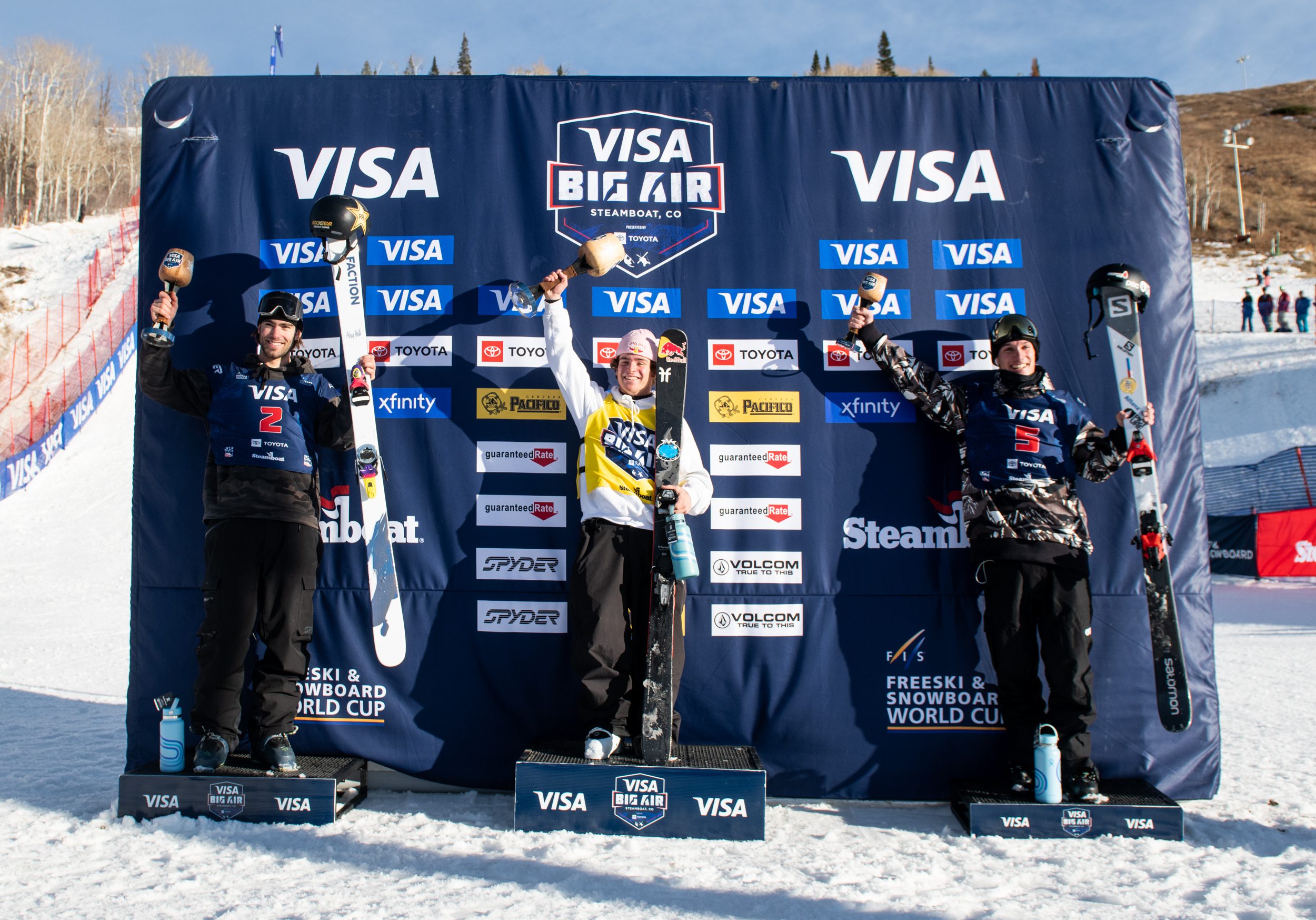 Alex Hall (Left) places second at the Steamboat 2021 Visa Big Air Finals, while Matej Svancer (Center) finishes first, and Adelisse Antoine (Right) finishes third.