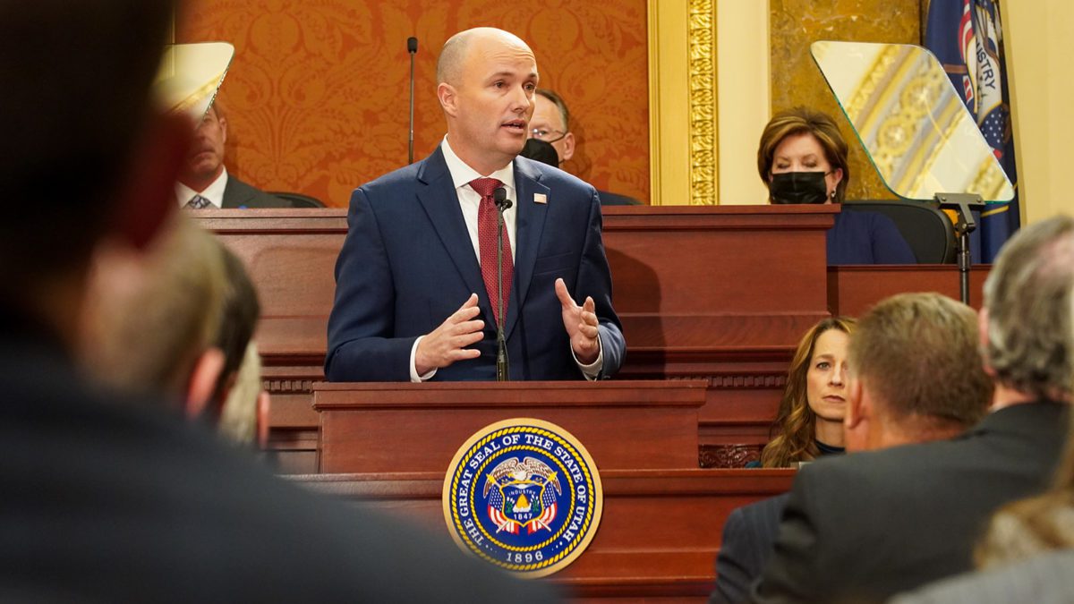 Utah Governor Cox speaking at the State of the State on January 20.